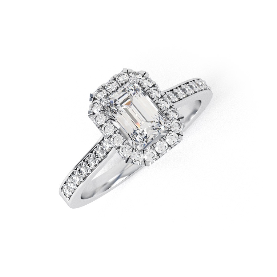 BAILIE | Emerald cut Halo with pave shoulder set Diamond Engagement Ring
