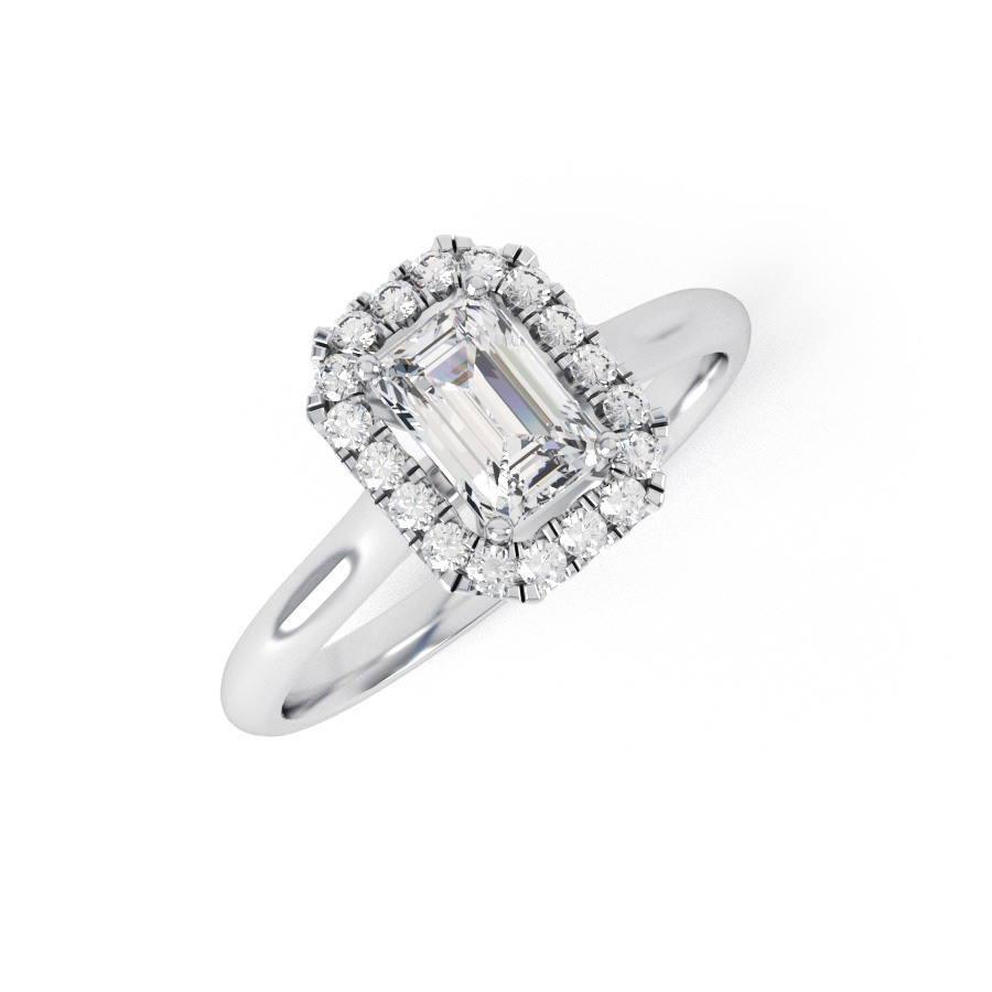 AMELIA | Elegant Halo set Emerald Cut Curved band Engagement Ring
